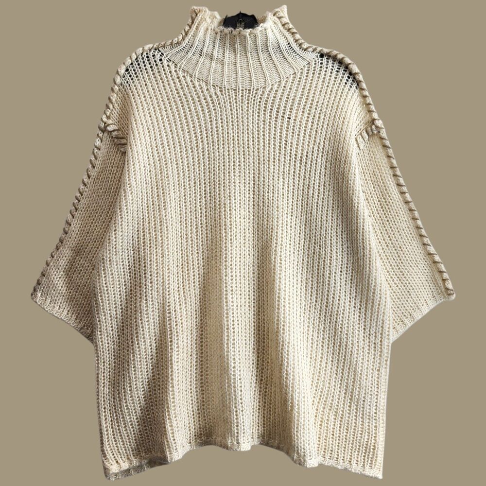 EASEL Los Angeles Sweater Womens Medium Ivory Woven Mock Neck Ribbed Knit Boho